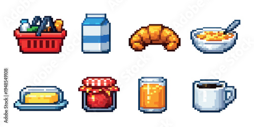 Breakfast food icons arranged in two rows on a gray backdrop