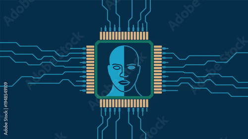 Blue circuit board with a human face inside a chip on a dark blue background, artificial intelligence