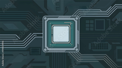 Central processing unit chip on a dark blue circuit board, background processor microchip computer