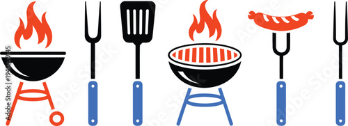 Set of colorful barbecue tools and grills with flames and food items