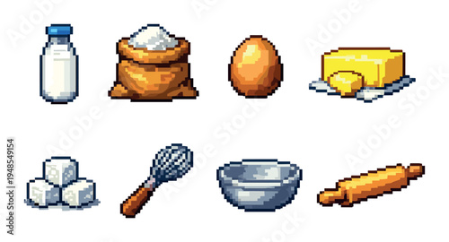 Baking ingredients and tools arranged on gray background