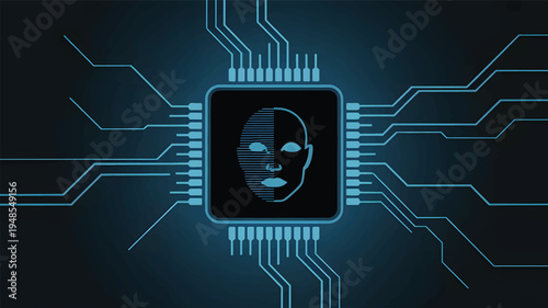 Blue circuit board with stylized human face on central chip microchip processor technology