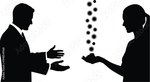 Silhouette of business man and woman interacting with floating black dots representing data exchange or communication in a modern abstract setting