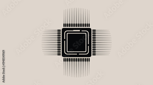 Black computer processor chip with radiating pins on beige background computer chip microchip