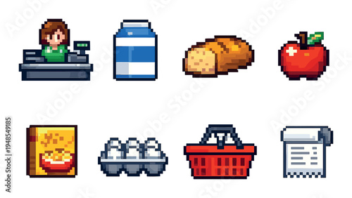 Pixel grocery icons arranged in a grid on gray background