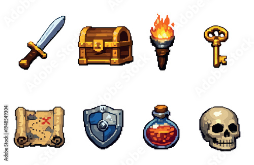 Dungeon loot icons arranged in rows on neutral background