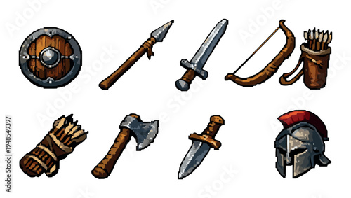 Primitive weapons and archery items arranged on muted backdrop
