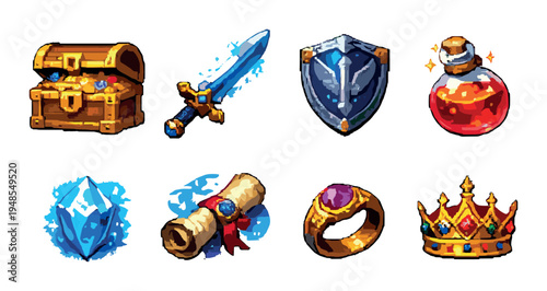 Sword shield and treasure items arranged on dark background