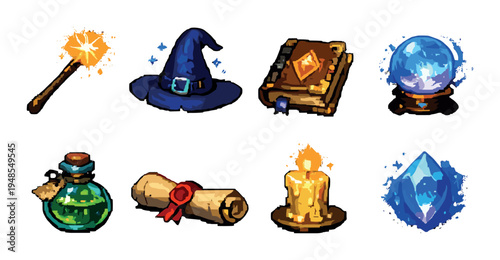 Magic tools and artifacts arranged on muted gradient background