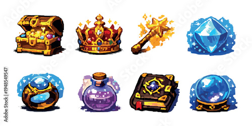 Assortment of magical artifacts and treasure on dark backdrop