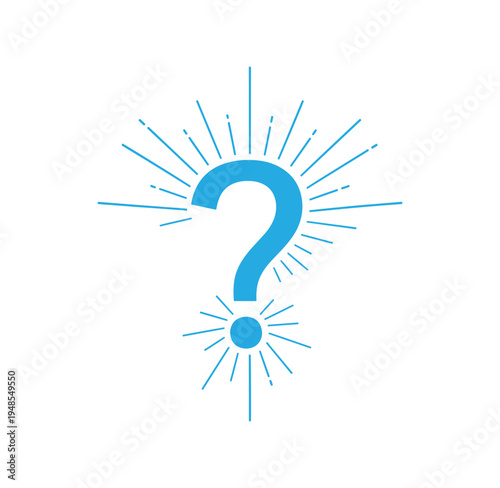 Blue question mark icon with radiant lines on transparent background