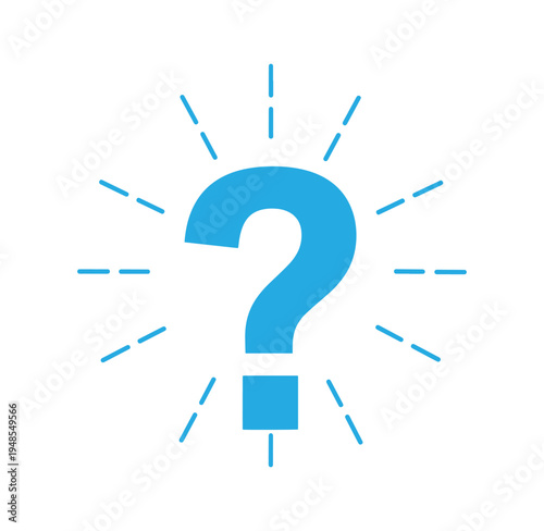 Blue question mark symbol with light rays on white background
