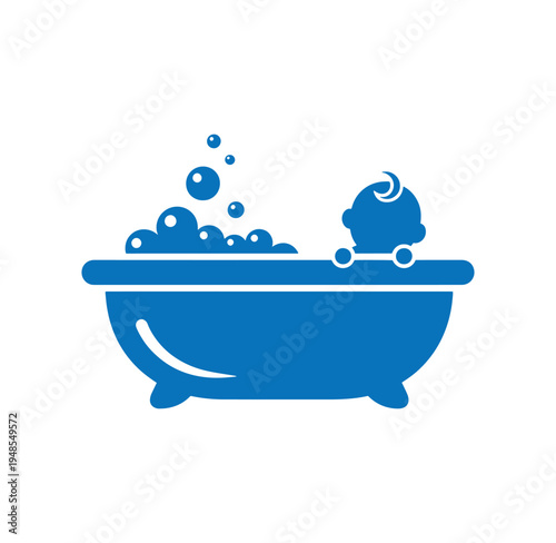Blue silhouette of a baby sitting in a bathtub with bubbles rising to the surface