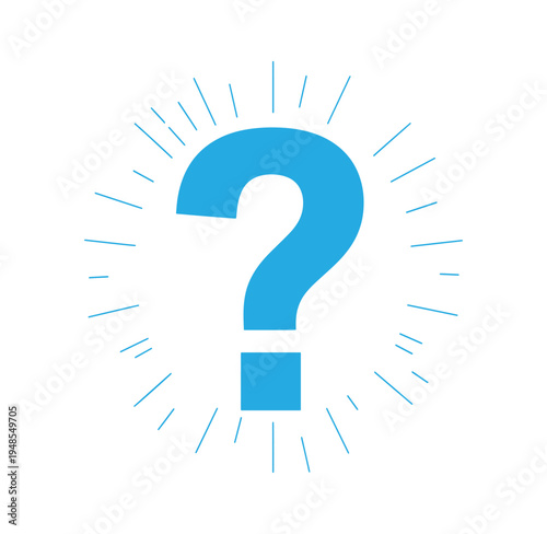 Large blue question mark symbol with radiating lines around it on white background