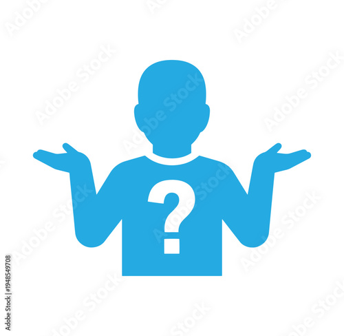 man with question mark on shirt shrugging isolated on white background
