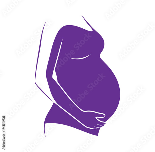 Pregnant woman silhouette holding belly in purple color on white background