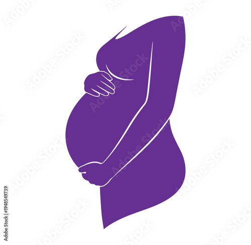 Pregnant woman silhouette with hands on belly in purple color isolated on transparent background
