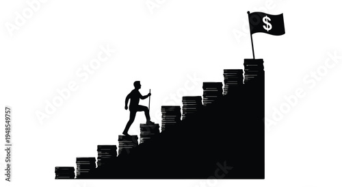 Businessman climbing stairs made of money coins reaching financial success goal with dollar flag on top, symbolizing career growth and achievement