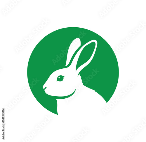 White rabbit head silhouette in green circle on white background