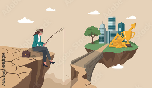 Fail to see opportunity, uninspired employee stuck creativity, motivation, corporate success or challenge, bored woman blindly sit fishing wrong place at while ignore success opportunity.
