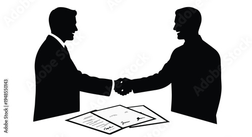 Businessmen shaking hands over documents on table in formal meeting, agreement concept, professional partnership
