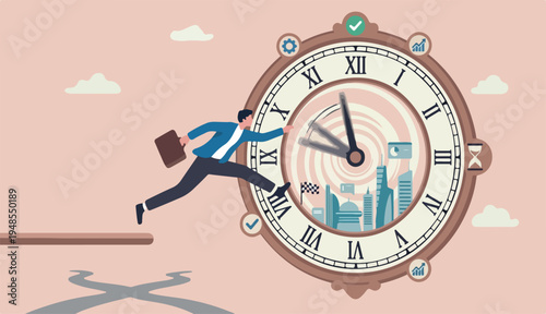 Time management or time travel to the future, time fast to work deadline, productivity efficiency, effort work schedule, evolution concept, businessman jump into clock to the future