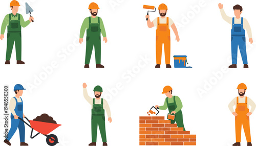 Construction workers cartoon set, builders with tools painting bricklaying wheelbarrow helmet uniform, construction industry labor illustration collection