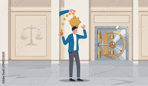 Pay young adult man putting money dollar coins into piggy bank on his head