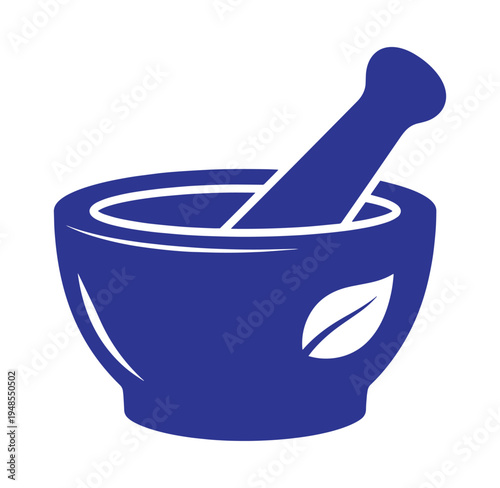 Blue mortar and pestle with leaf design on side for pharmacy or herbal medicine