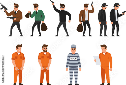 criminal characters, thief robber set, armed robber, prison inmate, handcuffed prisoner, crime concept, police arrest, law enforcement vector 