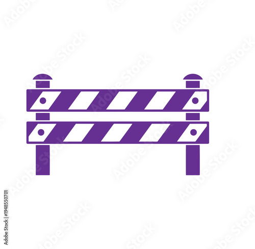 Purple construction barrier sign with diagonal stripes and posts