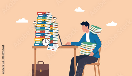 Ability to work under pressure, leadership skill success, control stressed complete work within timeline concept, calm confident businessman working laptop carrying load paperwork