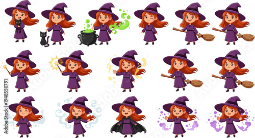 Cute Halloween witch cartoon character set, little witch casting spells, magic potion broom cat, fantasy Halloween illustration collection