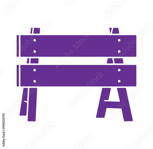 Purple wooden sign with horizontal boards and metal rivets on sawhorses