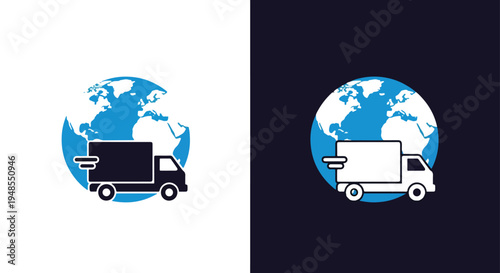 Global logistics truck icon set vector - Line and glyph solid icon and logo template - Blue icon set - Minimalist, flat icon