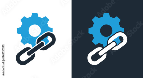 Gear chain link icon set blue white - Modern style icon  - Glyph and solid icon set - Line icon set - Icon vector - Minimalist, flat icon