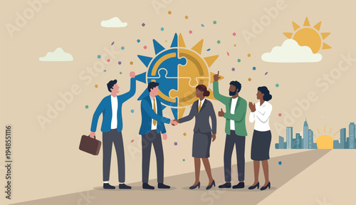 Merger and acquisition, company join force partnership working together new opportunity successful concept, businessmen merging together to celebrating ambitious for bright future