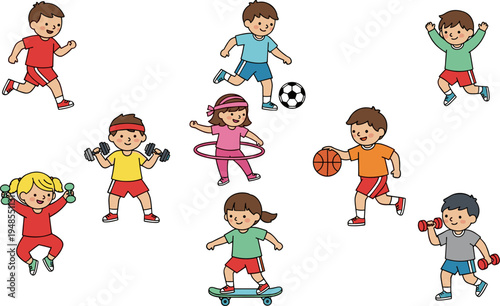 kids, playing sports, children exercise, active lifestyle, football, basketball, skateboarding, hula hoop, fitness training, happy cartoon kids vector
