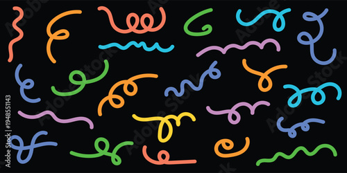 Colorful neon doodle squiggle set. Abstract wavy line and loop stickers for dark mode social media and digital planners. Vector Memphis elements on black background.
