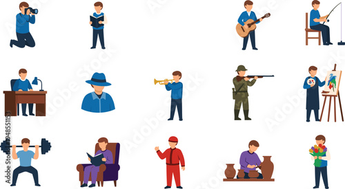 People hobbies activities illustration set, photographer musician painter fisherman athlete reader soldier florist hobby lifestyle cartoon characters