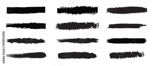Black grunge brush stroke banner set. Redacted text censorship bars and rough ink line dividers. Vector texture label collection.
