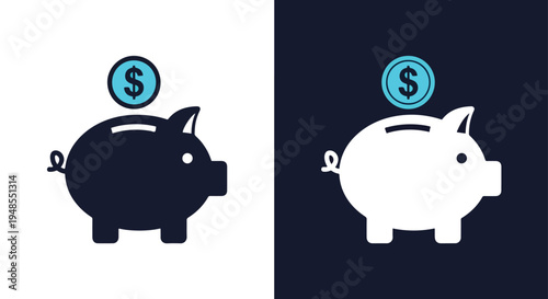 Piggy Bank Savings Icon Set Black White - Line icon set - Glyph icon - Minimalist, flat icon, outline, glyph, linear, clipart, sticker collection