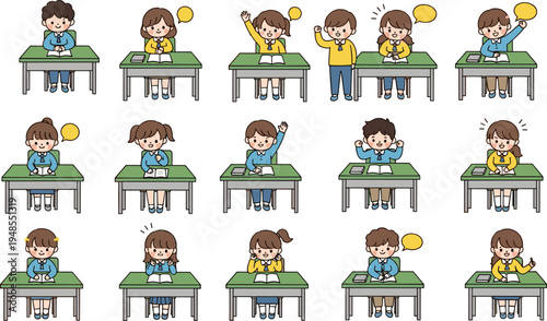 Students classroom activities cartoon set, children studying reading raising hands answering questions at school desk education illustration collection
