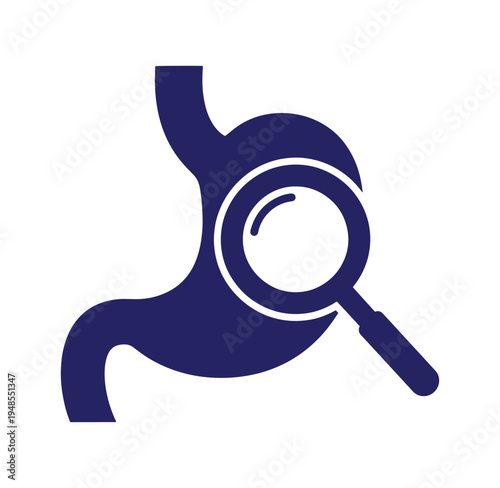 Blue icon of human stomach with magnifying glass for medical or health concept