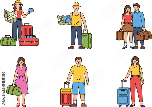 Travelers with luggage illustration set, tourists holding maps suitcases backpacks, vacation travel lifestyle cartoon characters collection