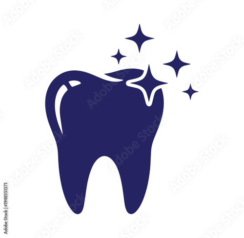 Dark blue tooth icon with sparkles shining on it for dental health concepts
