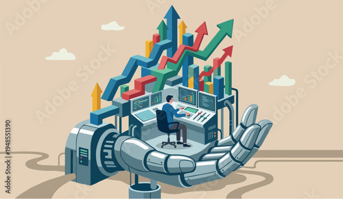 Busine go earning chart,Big industrial investment profit, income or rising revenue concept, smart businessman working with computer on growth graph in giant hand