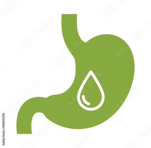 Green human stomach icon with a drop of water inside organ