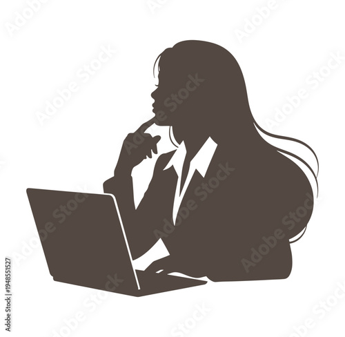 woman in business attire sitting with laptop and thinking deeply  focused female professional