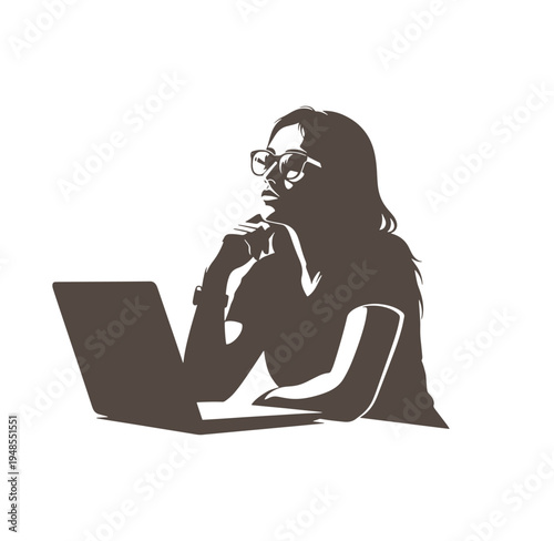 woman sitting with laptop and looking thoughtful
